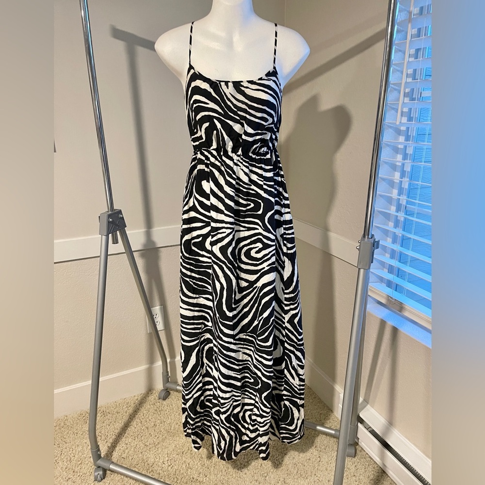 Banana Republic zebra print maxi dress with a black bolero jacket